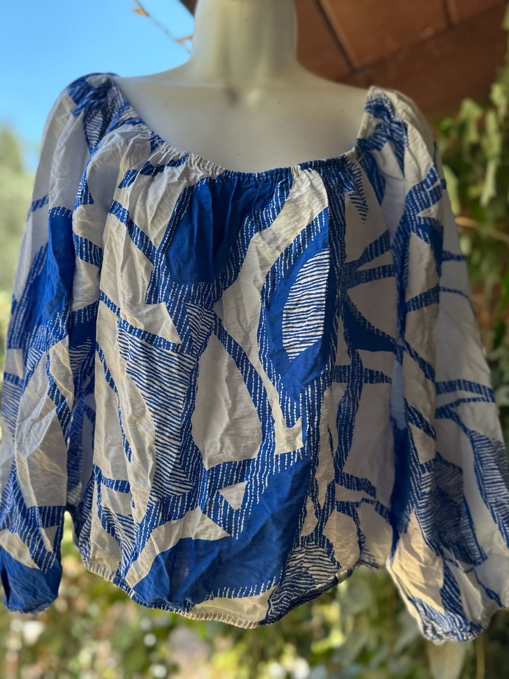 Nine West Blue and White Off-Shoulder Peasant Blouse